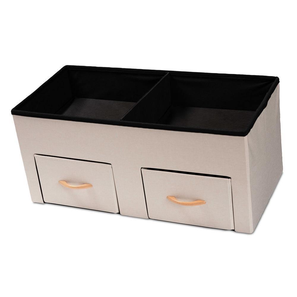 Gerwin Modern and Contemporary Beige Fabric Upholstered and Oak Brown Finished Wood 2-Drawer Storage Ottoman FredCo