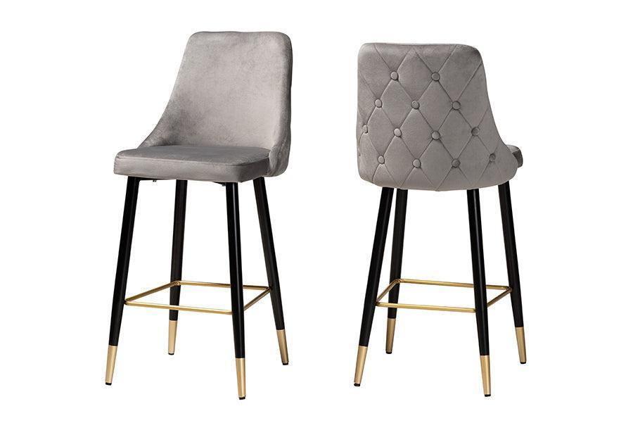 Giada Contemporary Glam and Luxe Grey Velvet Fabric and Dark Brown Finished Wood 2-Piece Bar Stool Set FredCo