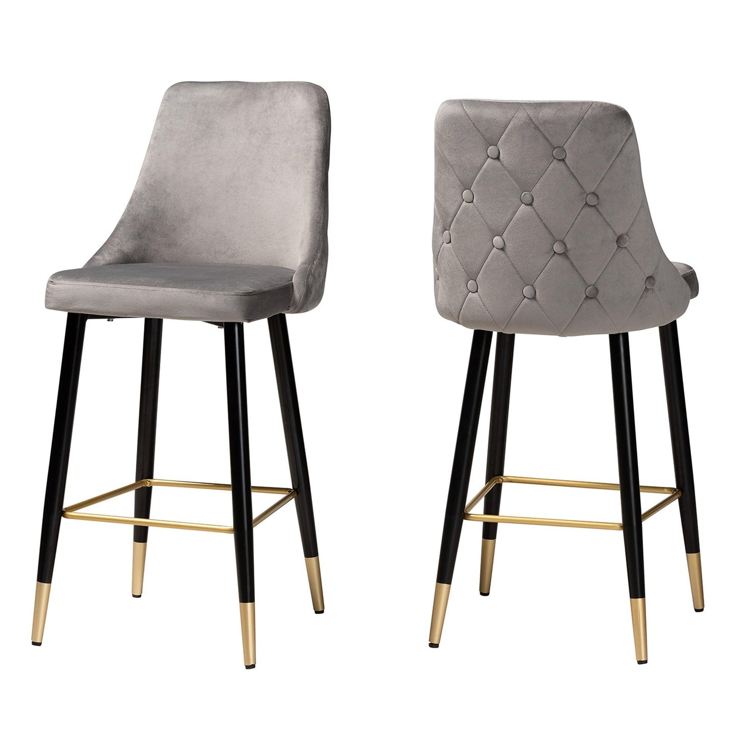 Giada Contemporary Glam and Luxe Grey Velvet Fabric and Dark Brown Finished Wood 2-Piece Bar Stool Set FredCo