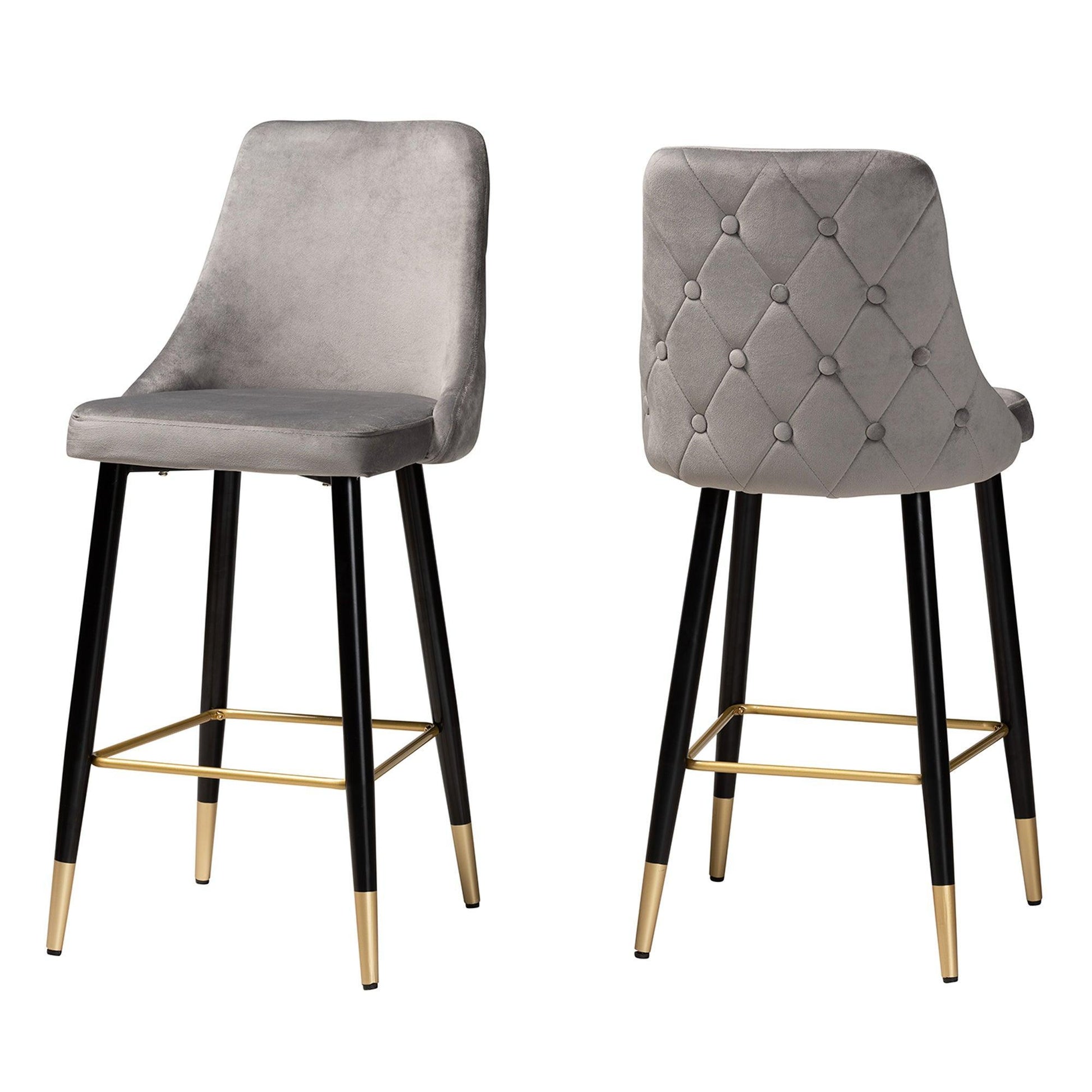 Giada Contemporary Glam and Luxe Grey Velvet Fabric and Dark Brown Finished Wood 2-Piece Bar Stool Set FredCo