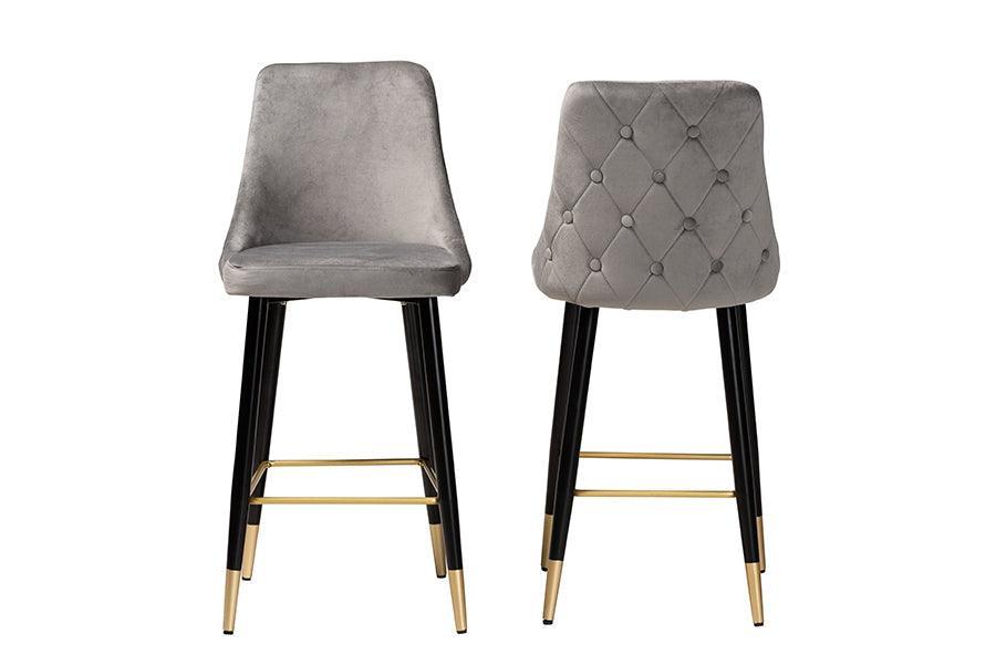 Giada Contemporary Glam and Luxe Grey Velvet Fabric and Dark Brown Finished Wood 2-Piece Bar Stool Set FredCo