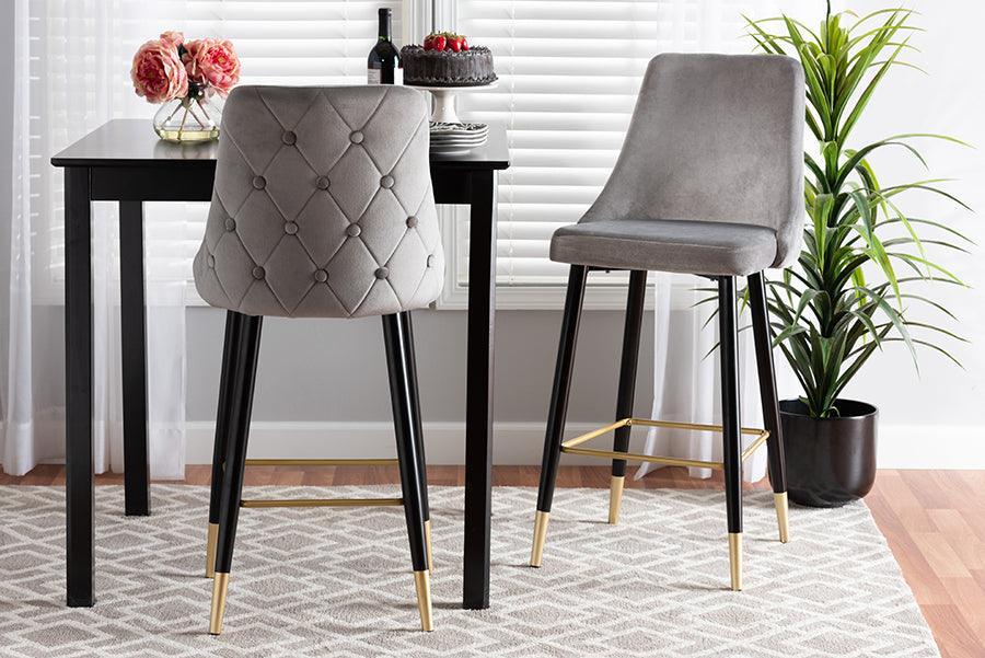 Giada Contemporary Glam and Luxe Grey Velvet Fabric and Dark Brown Finished Wood 2-Piece Bar Stool Set FredCo