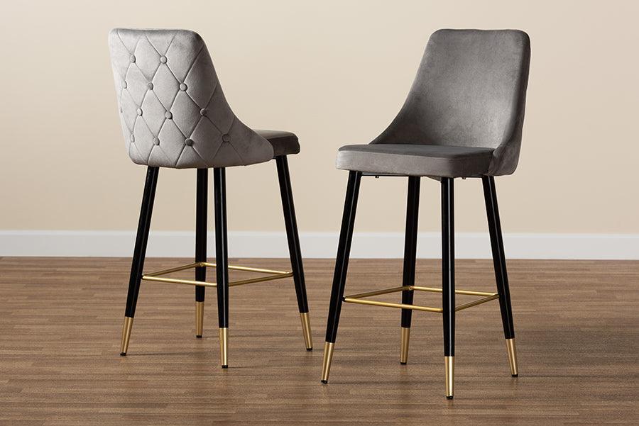 Giada Contemporary Glam and Luxe Grey Velvet Fabric and Dark Brown Finished Wood 2-Piece Bar Stool Set FredCo