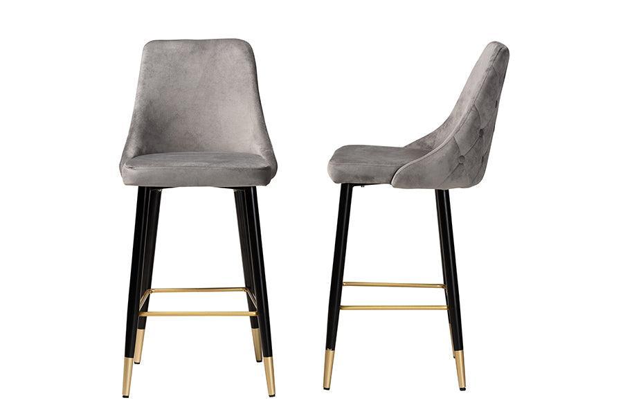 Giada Contemporary Glam and Luxe Grey Velvet Fabric and Dark Brown Finished Wood 2-Piece Bar Stool Set FredCo
