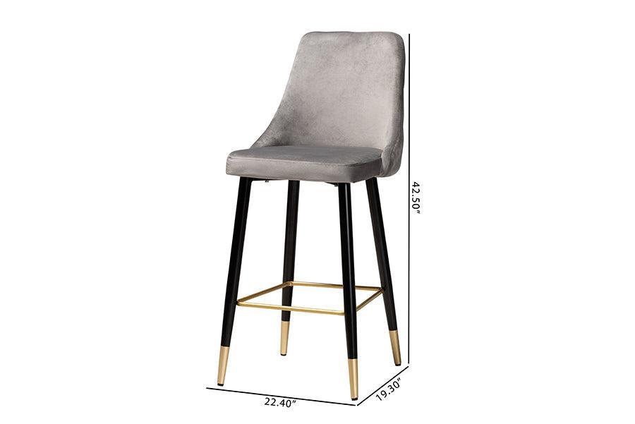 Giada Contemporary Glam and Luxe Grey Velvet Fabric and Dark Brown Finished Wood 2-Piece Bar Stool Set FredCo
