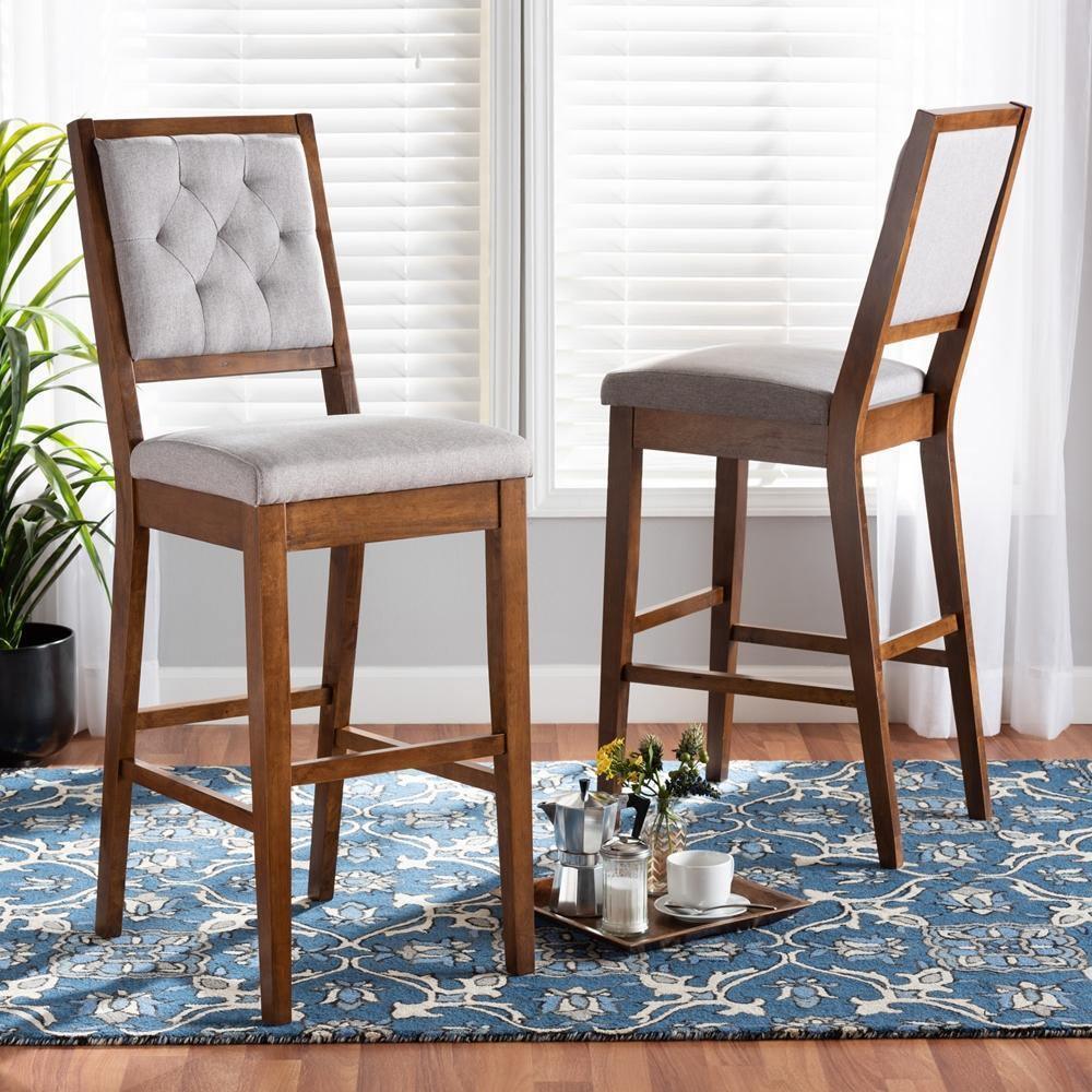 Gideon Modern and Contemporary Grey Fabric Upholstered and Walnut Brown Finished Wood 2-Piece Bar Stool Set FredCo