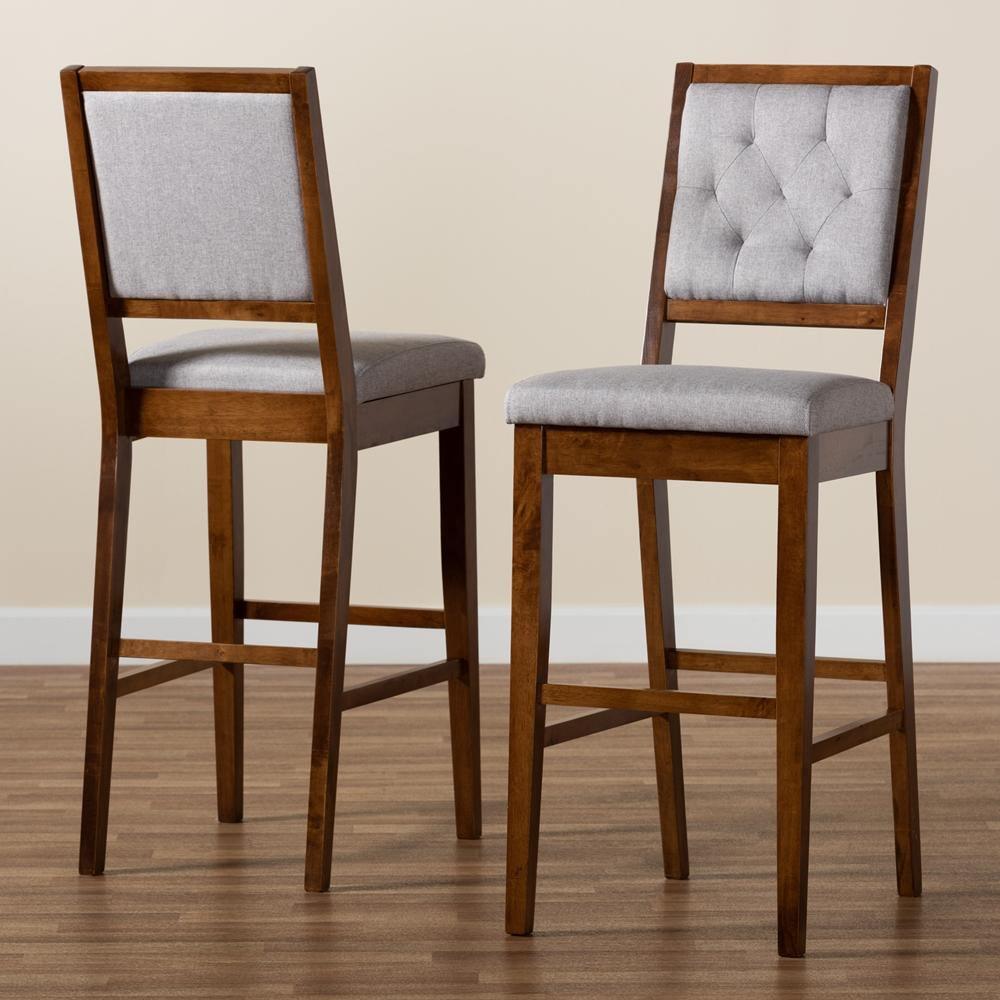 Gideon Modern and Contemporary Grey Fabric Upholstered and Walnut Brown Finished Wood 2-Piece Bar Stool Set FredCo