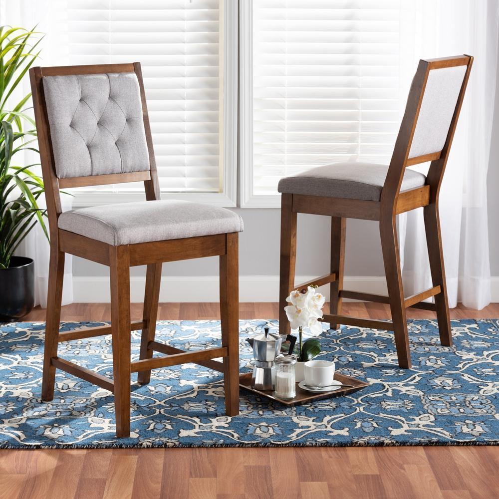 Gideon Modern and Contemporary Grey Fabric Upholstered and Walnut Brown Finished Wood 2-Piece Counter Stool Set FredCo