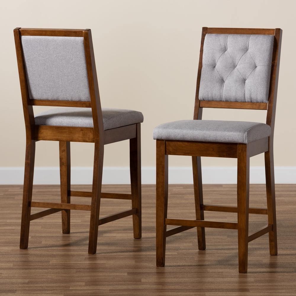 Gideon Modern and Contemporary Grey Fabric Upholstered and Walnut Brown Finished Wood 2-Piece Counter Stool Set FredCo