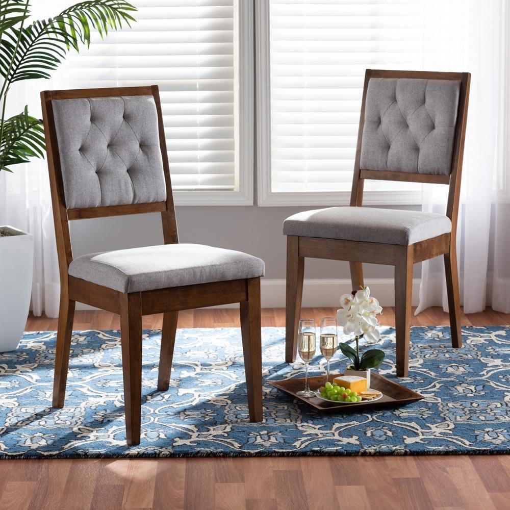 Gideon Modern and Contemporary Grey Fabric Upholstered and Walnut Brown Finished Wood 2-Piece Dining Chair Set FredCo