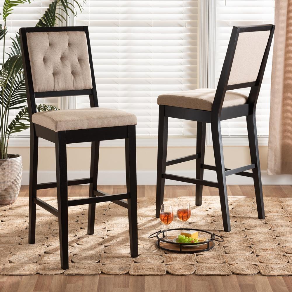 Gideon Modern and Contemporary Sand Fabric Upholstered and Dark Brown Finished Wood 2-Piece Bar Stool Set FredCo