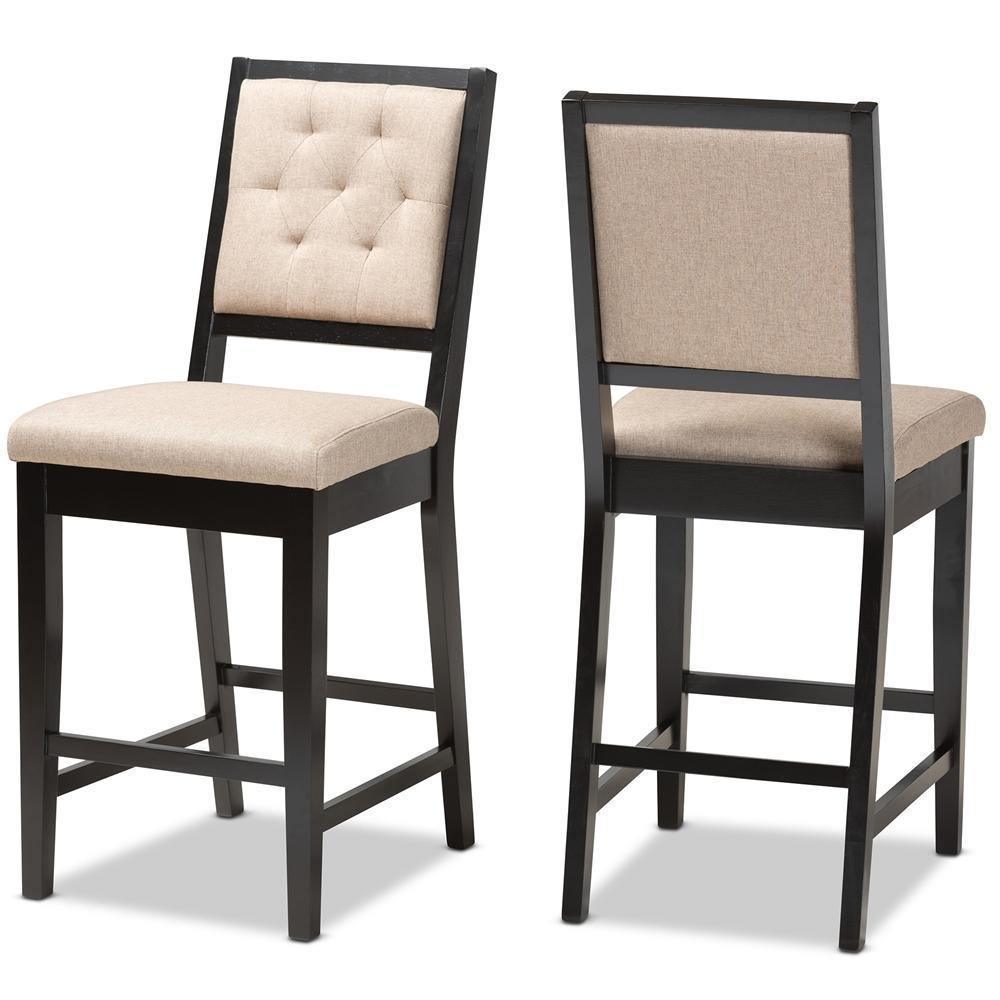 Gideon Modern and Contemporary Sand Fabric Upholstered and Dark Brown Finished Wood 2-Piece Counter Stool Set FredCo