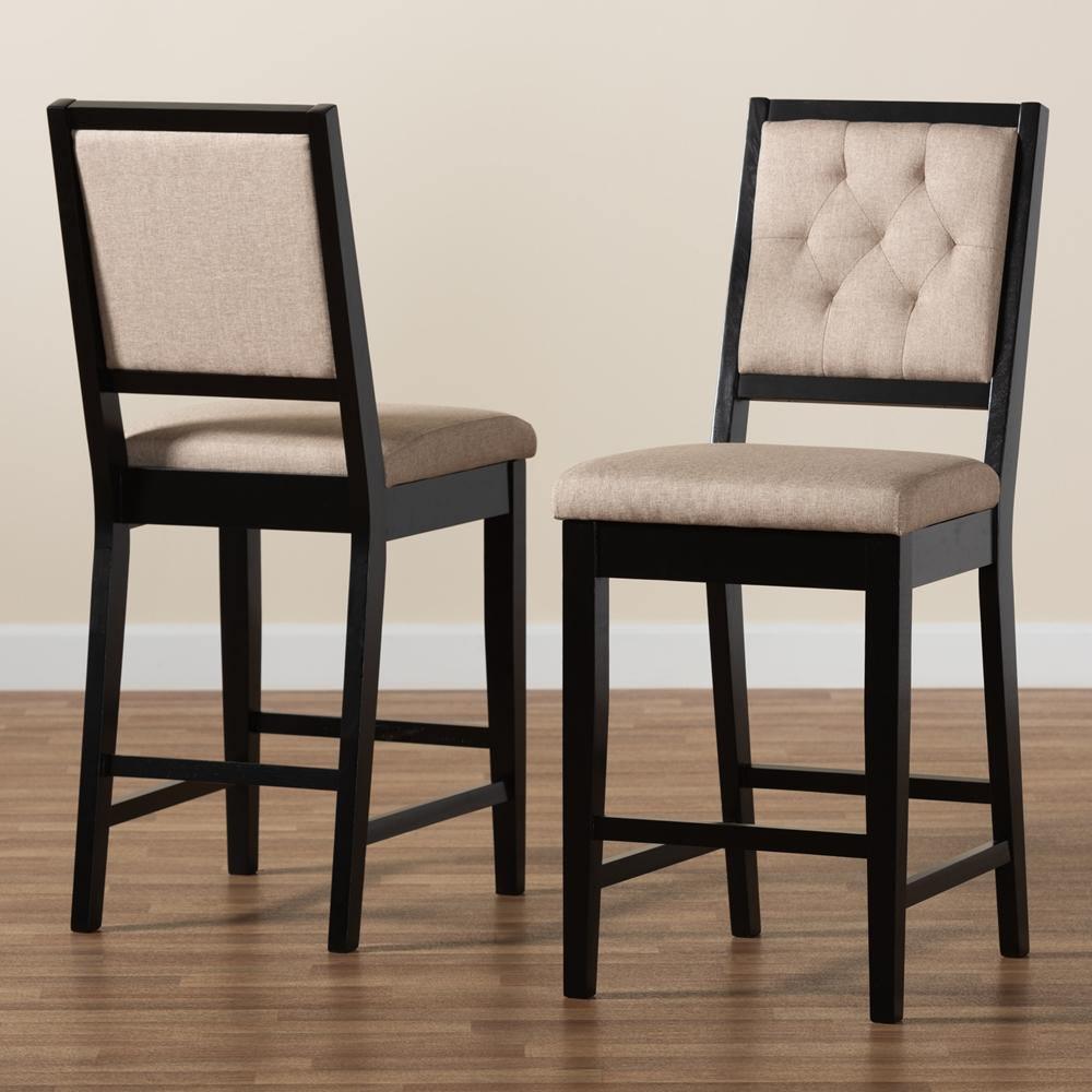 Gideon Modern and Contemporary Sand Fabric Upholstered and Dark Brown Finished Wood 2-Piece Counter Stool Set FredCo