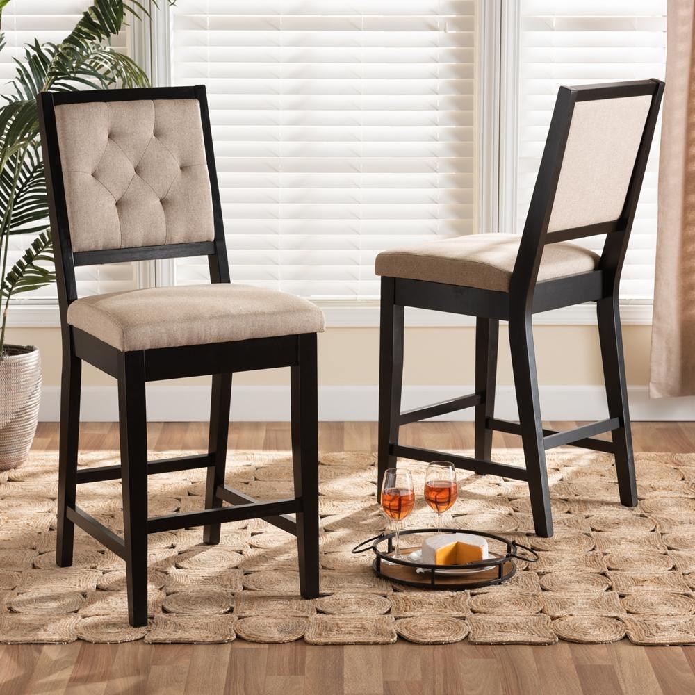 Gideon Modern and Contemporary Sand Fabric Upholstered and Dark Brown Finished Wood 2-Piece Counter Stool Set FredCo