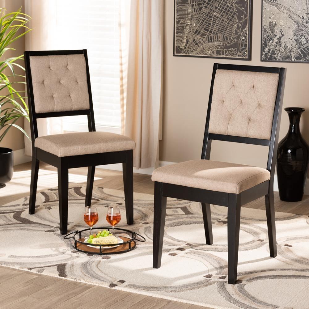 Gideon Modern and Contemporary Sand Fabric Upholstered and Dark Brown Finished Wood 2-Piece Dining Chair Set FredCo