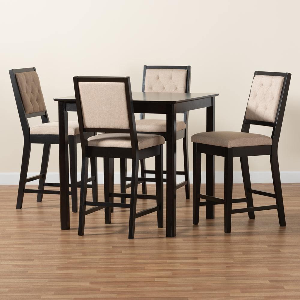 Gideon Modern and Contemporary Sand Fabric Upholstered and Dark Brown Finished Wood 5-Piece Pub Set FredCo