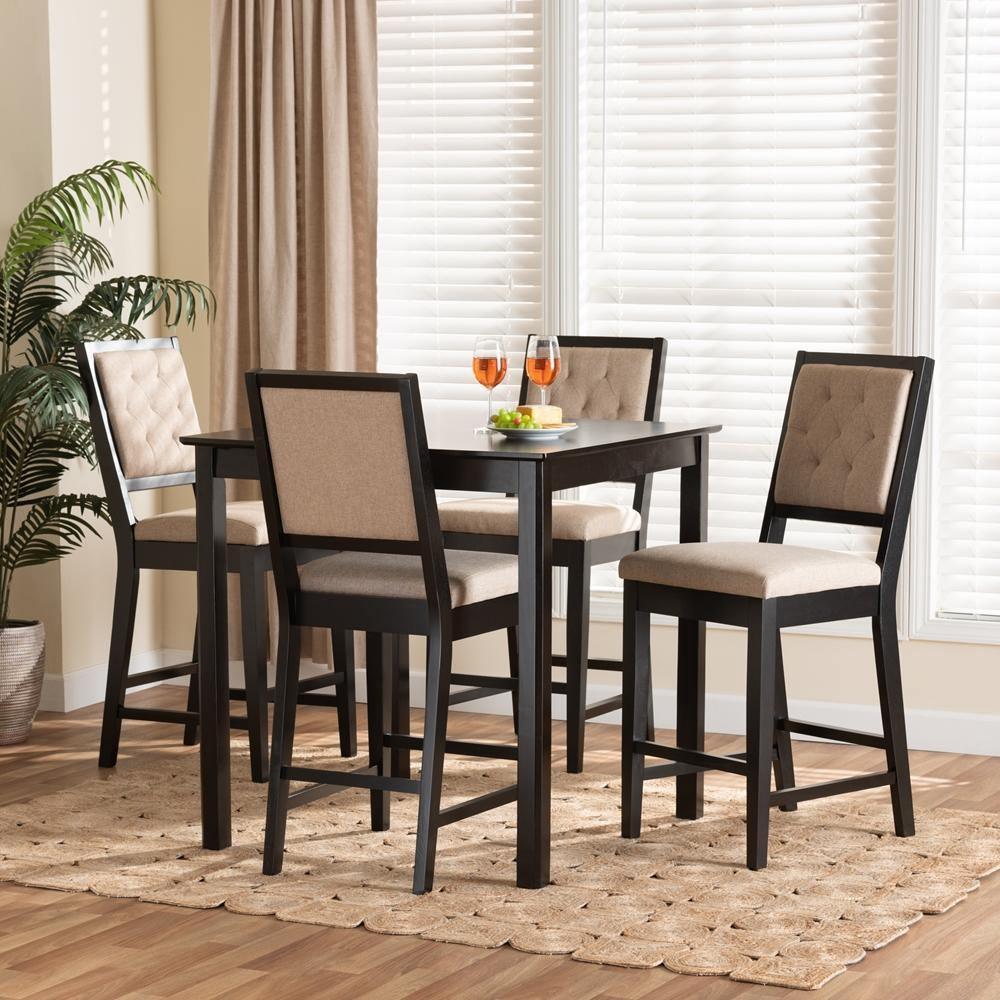 Gideon Modern and Contemporary Sand Fabric Upholstered and Dark Brown Finished Wood 5-Piece Pub Set FredCo
