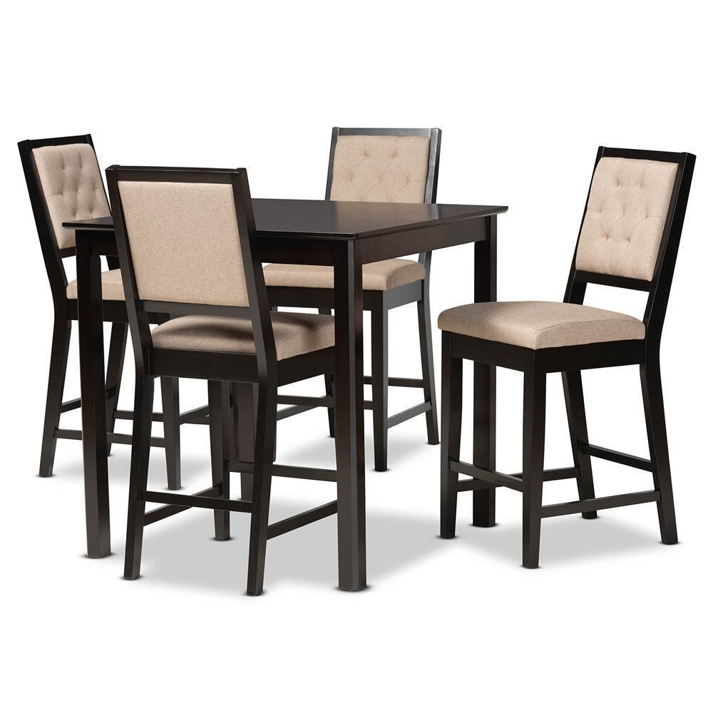 Gideon Modern and Contemporary Sand Fabric Upholstered and Dark Brown Finished Wood 5-Piece Pub Set FredCo