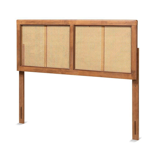 Gilbert Mid-Century Modern Ash Walnut Finished Wood and Synthetic Rattan Queen Size Headboard FredCo