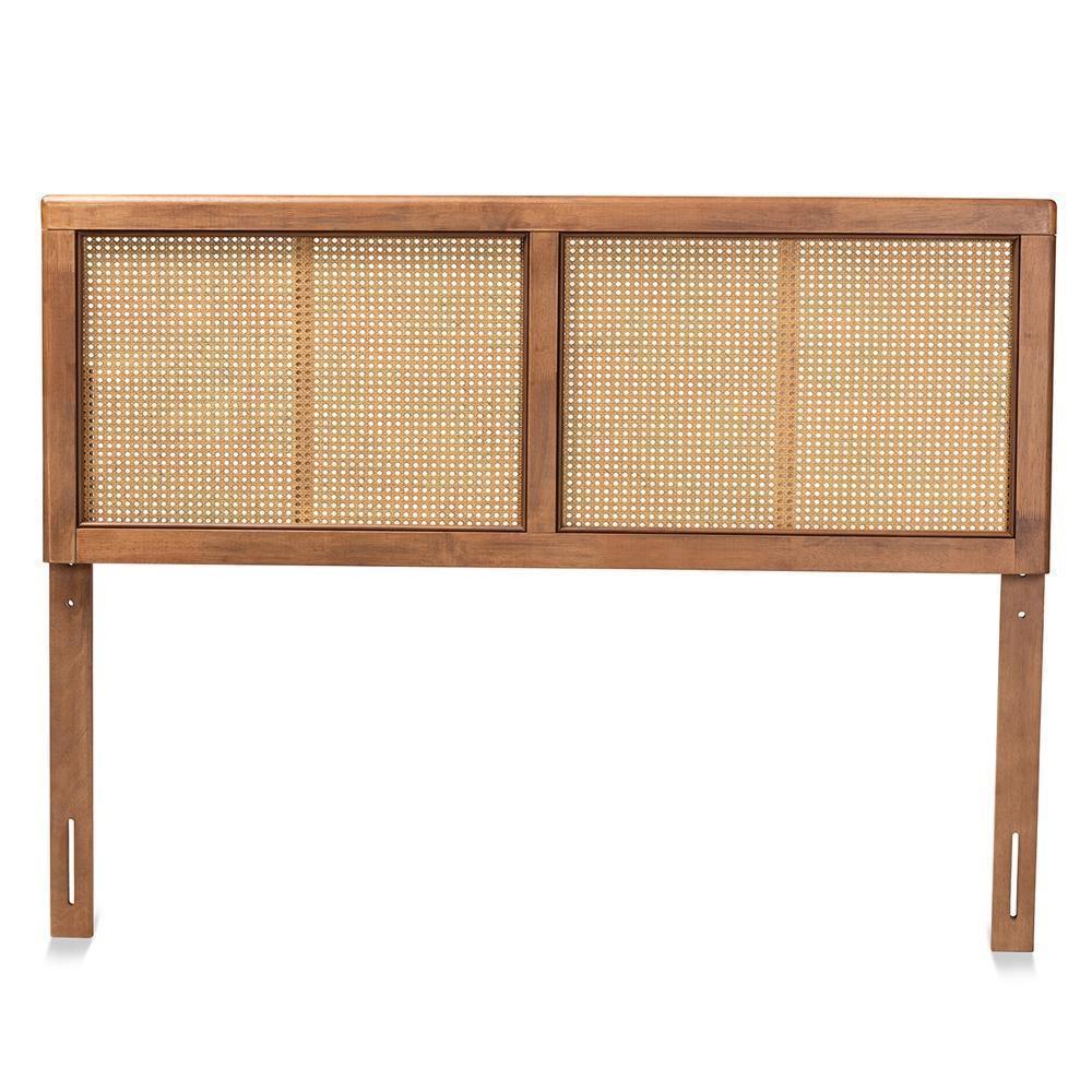 Gilbert Mid-Century Modern Ash Walnut Finished Wood and Synthetic Rattan Queen Size Headboard FredCo