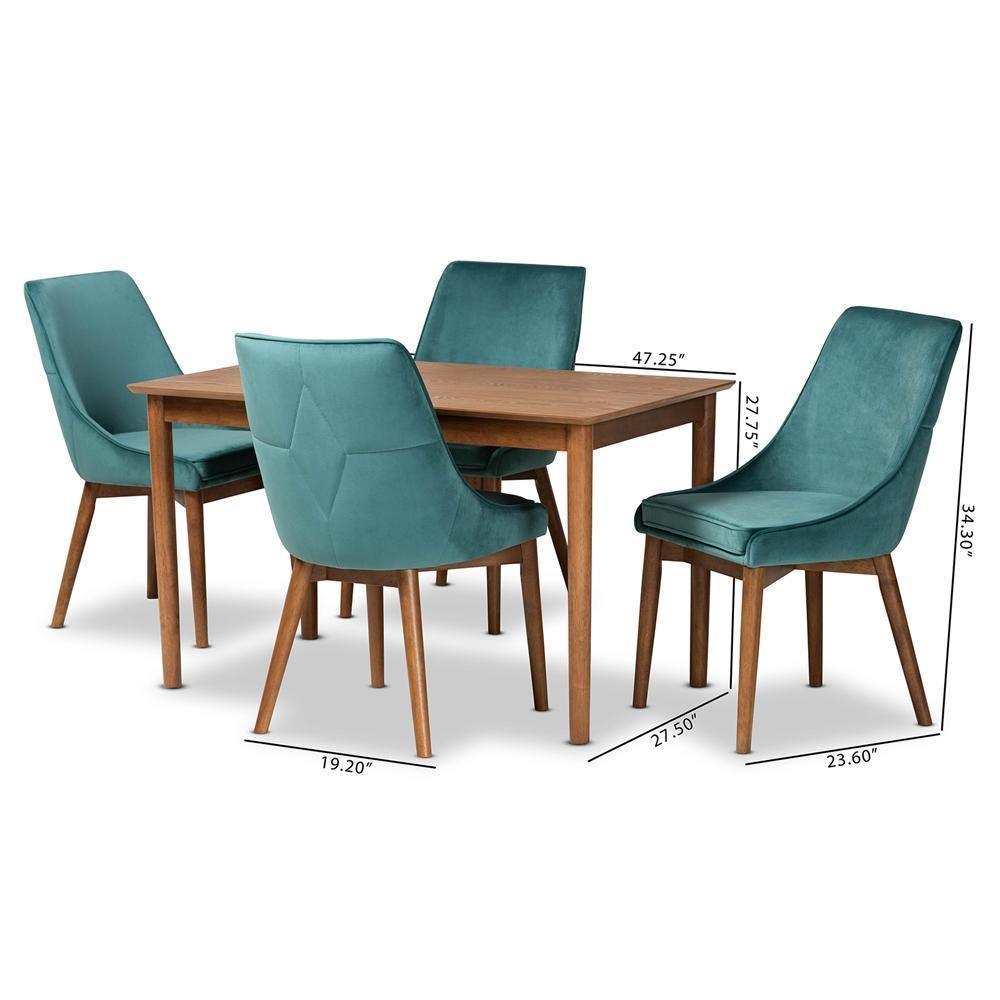 Gilmore Modern and Contemporary Teal Velvet Fabric Upholstered and Walnut Brown Finished Wood 5-Piece Dining Set FredCo