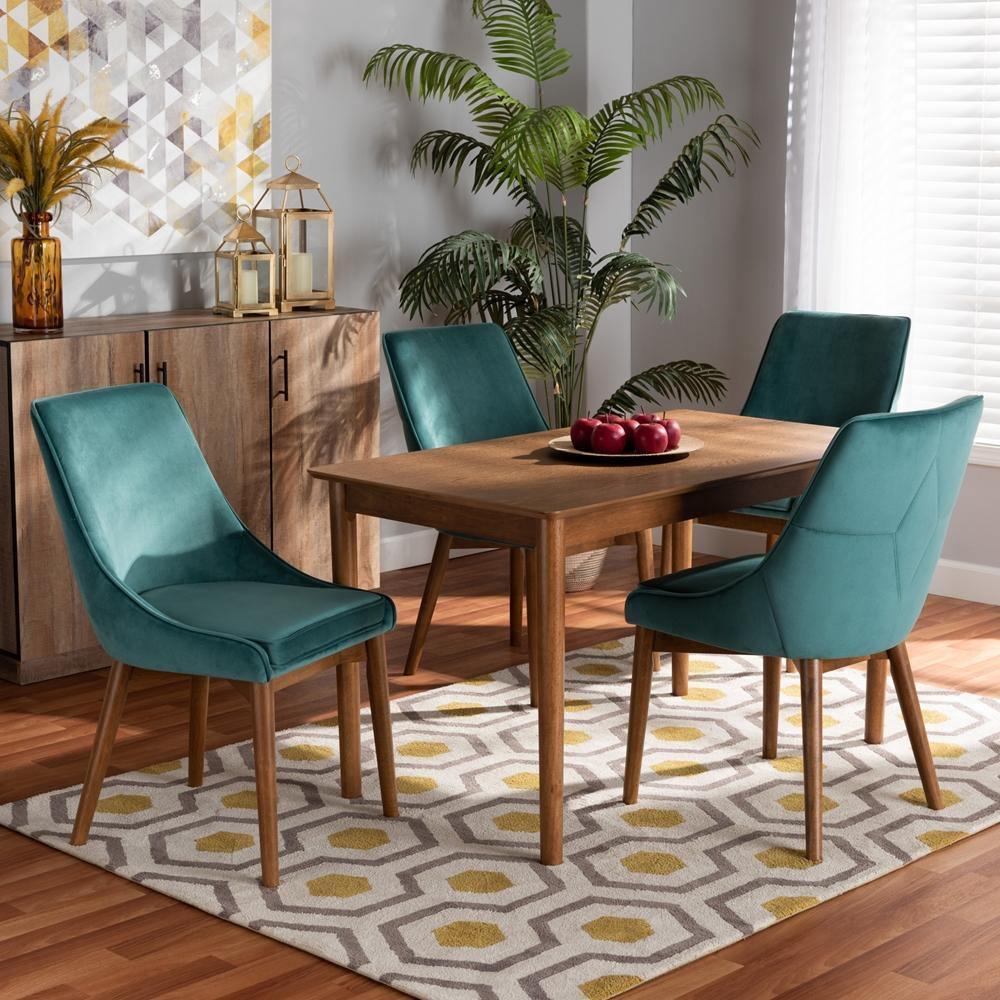 Gilmore Modern and Contemporary Teal Velvet Fabric Upholstered and Walnut Brown Finished Wood 5-Piece Dining Set FredCo