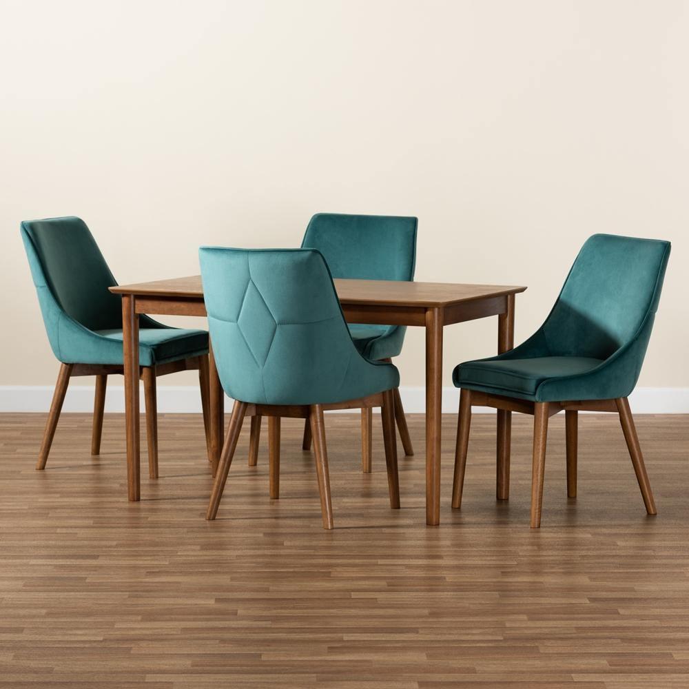 Gilmore Modern and Contemporary Teal Velvet Fabric Upholstered and Walnut Brown Finished Wood 5-Piece Dining Set FredCo
