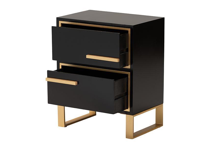 Giolla Contemporary Glam and Luxe Black Finished Wood and Gold Metal 2-Drawer Nightstand FredCo