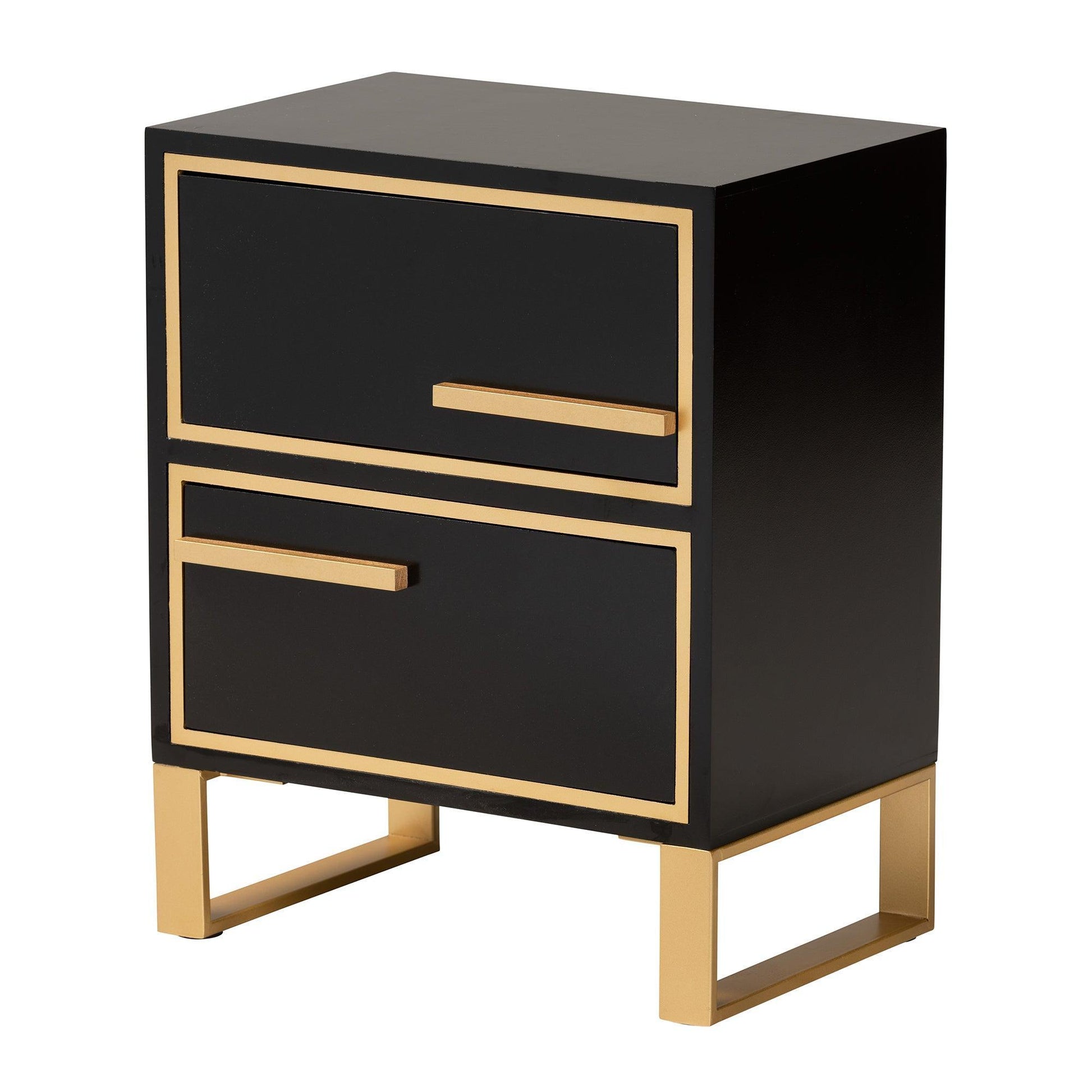 Giolla Contemporary Glam and Luxe Black Finished Wood and Gold Metal 2-Drawer Nightstand FredCo