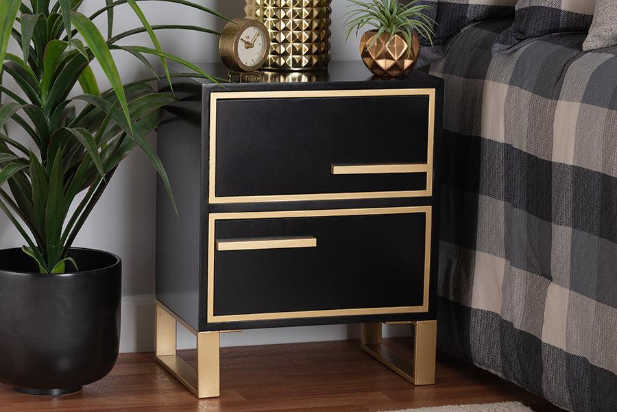 Giolla Contemporary Glam and Luxe Black Finished Wood and Gold Metal 2-Drawer Nightstand FredCo