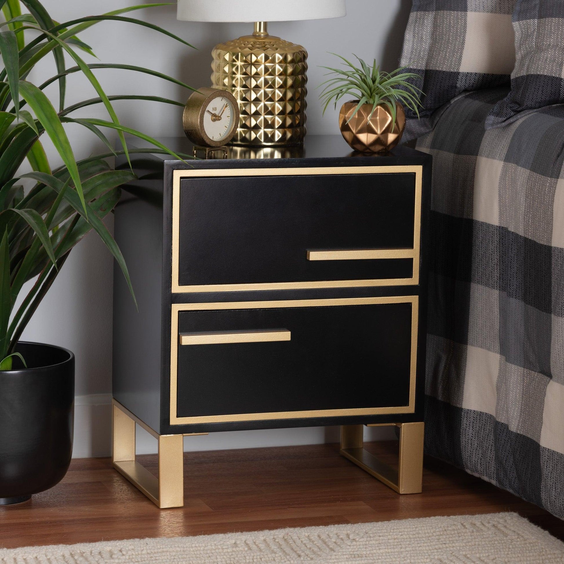 Giolla Contemporary Glam and Luxe Black Finished Wood and Gold Metal 2-Drawer Nightstand FredCo