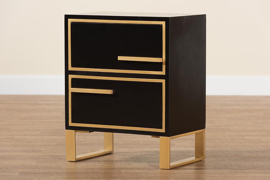 Giolla Contemporary Glam and Luxe Black Finished Wood and Gold Metal 2-Drawer Nightstand FredCo
