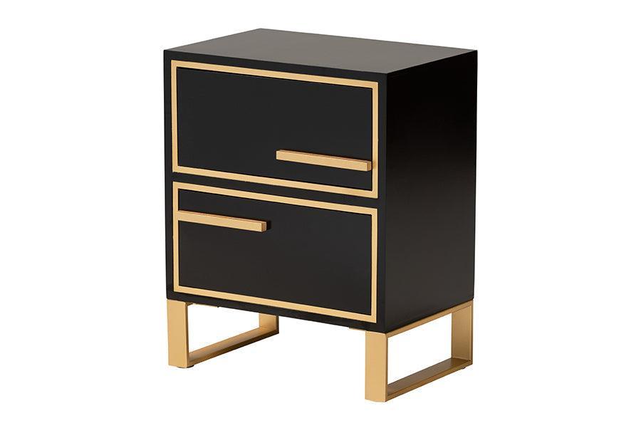 Giolla Contemporary Glam and Luxe Black Finished Wood and Gold Metal 2-Drawer Nightstand FredCo