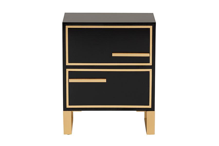 Giolla Contemporary Glam and Luxe Black Finished Wood and Gold Metal 2-Drawer Nightstand FredCo