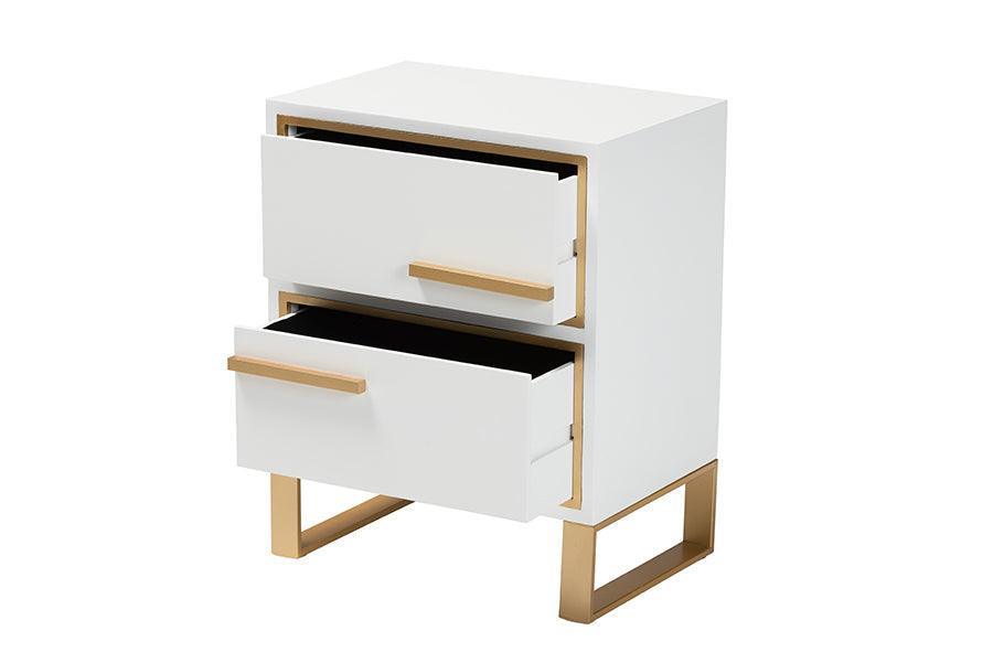 Giolla Contemporary Glam and Luxe White Finished Wood and Gold Metal 2-Drawer Nightstand FredCo
