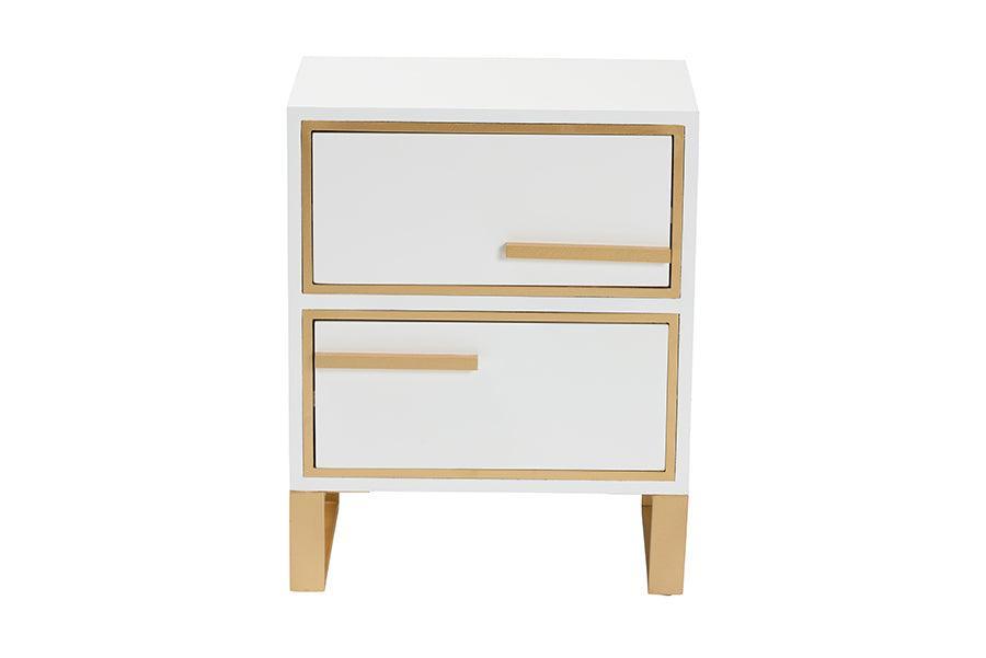 Giolla Contemporary Glam and Luxe White Finished Wood and Gold Metal 2-Drawer Nightstand FredCo
