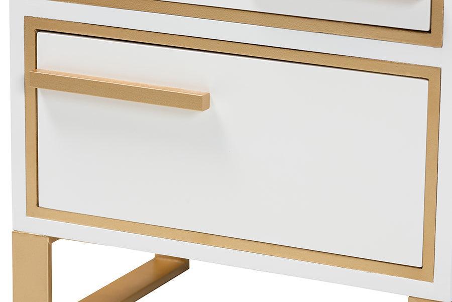 Giolla Contemporary Glam and Luxe White Finished Wood and Gold Metal 2-Drawer Nightstand FredCo