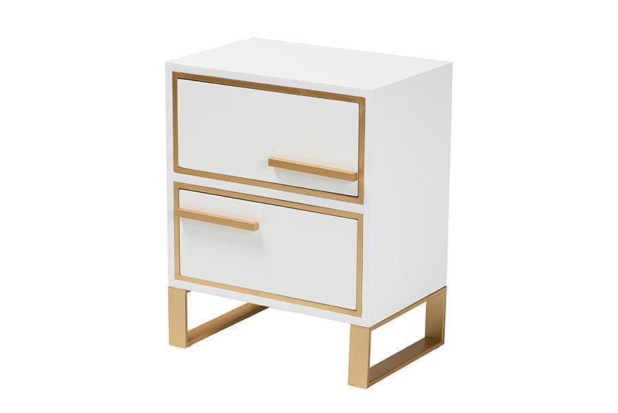 Giolla Contemporary Glam and Luxe White Finished Wood and Gold Metal 2-Drawer Nightstand FredCo