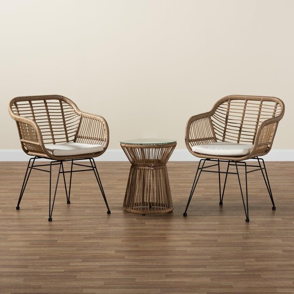 Giorgia Modern and Contemporary Beige Fabric Upholstered and Brown Synthetic Rattan 3-Piece Patio Set FredCo