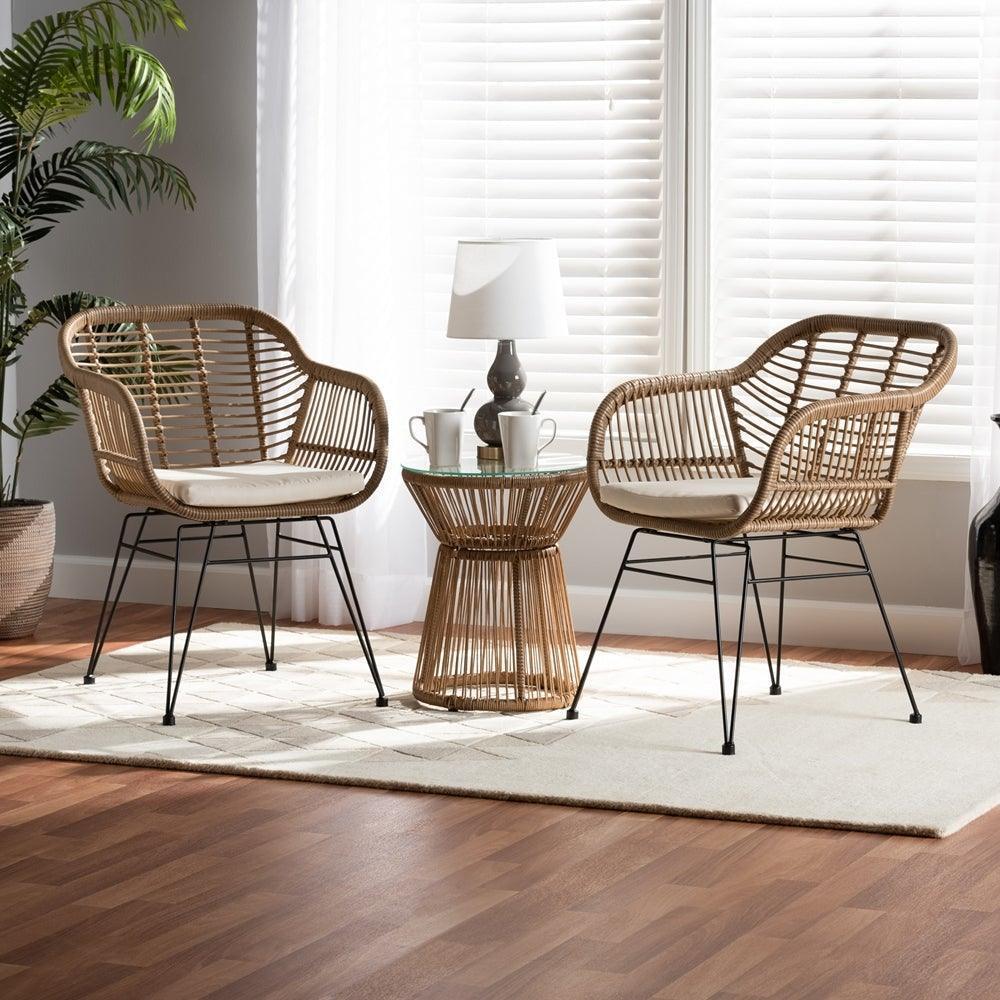 Giorgia Modern and Contemporary Beige Fabric Upholstered and Brown Synthetic Rattan 3-Piece Patio Set FredCo