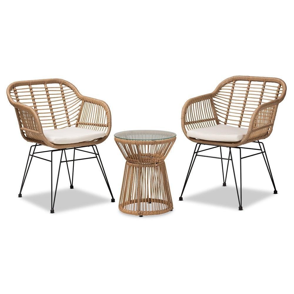 Giorgia Modern and Contemporary Beige Fabric Upholstered and Brown Synthetic Rattan 3-Piece Patio Set FredCo