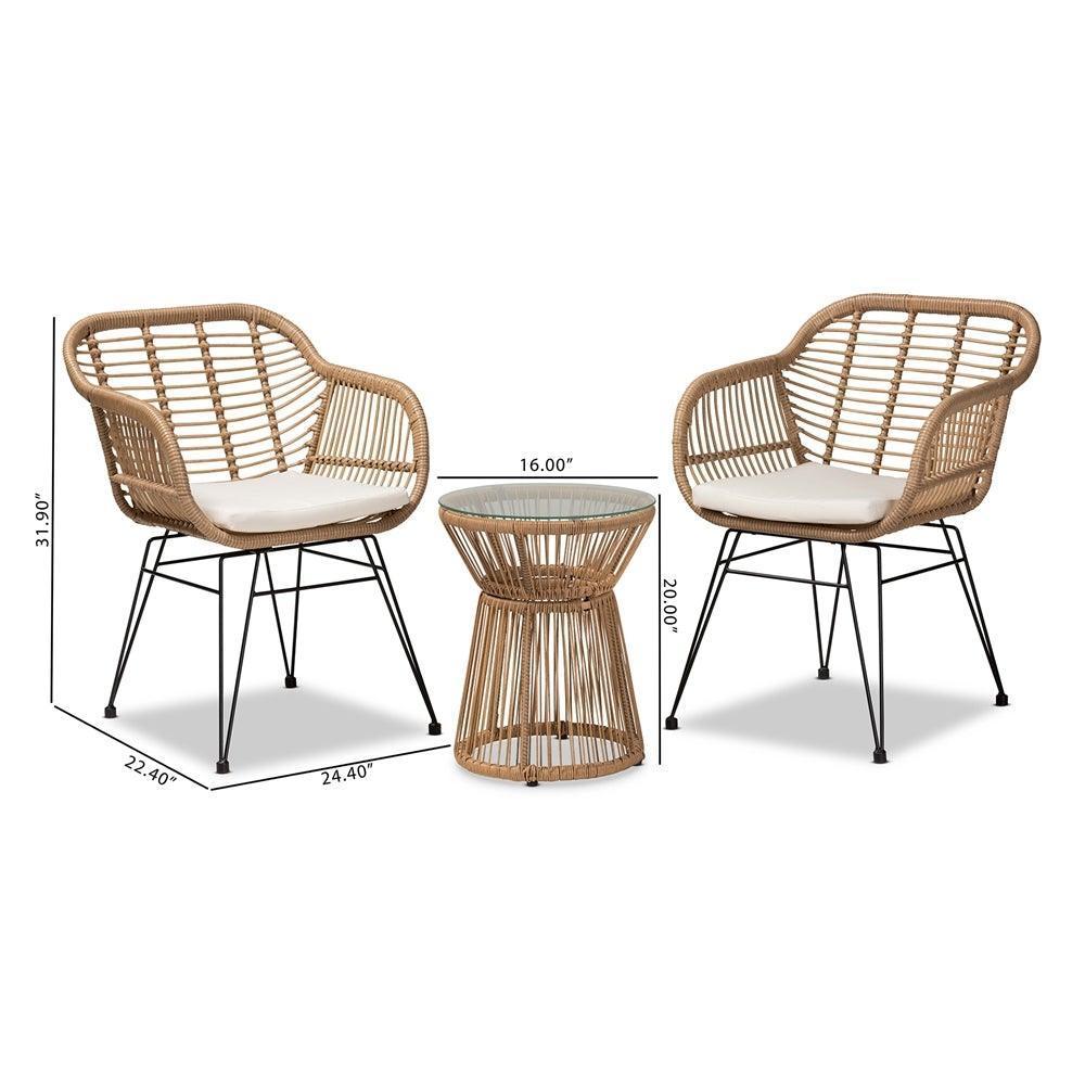 Giorgia Modern and Contemporary Beige Fabric Upholstered and Brown Synthetic Rattan 3-Piece Patio Set FredCo