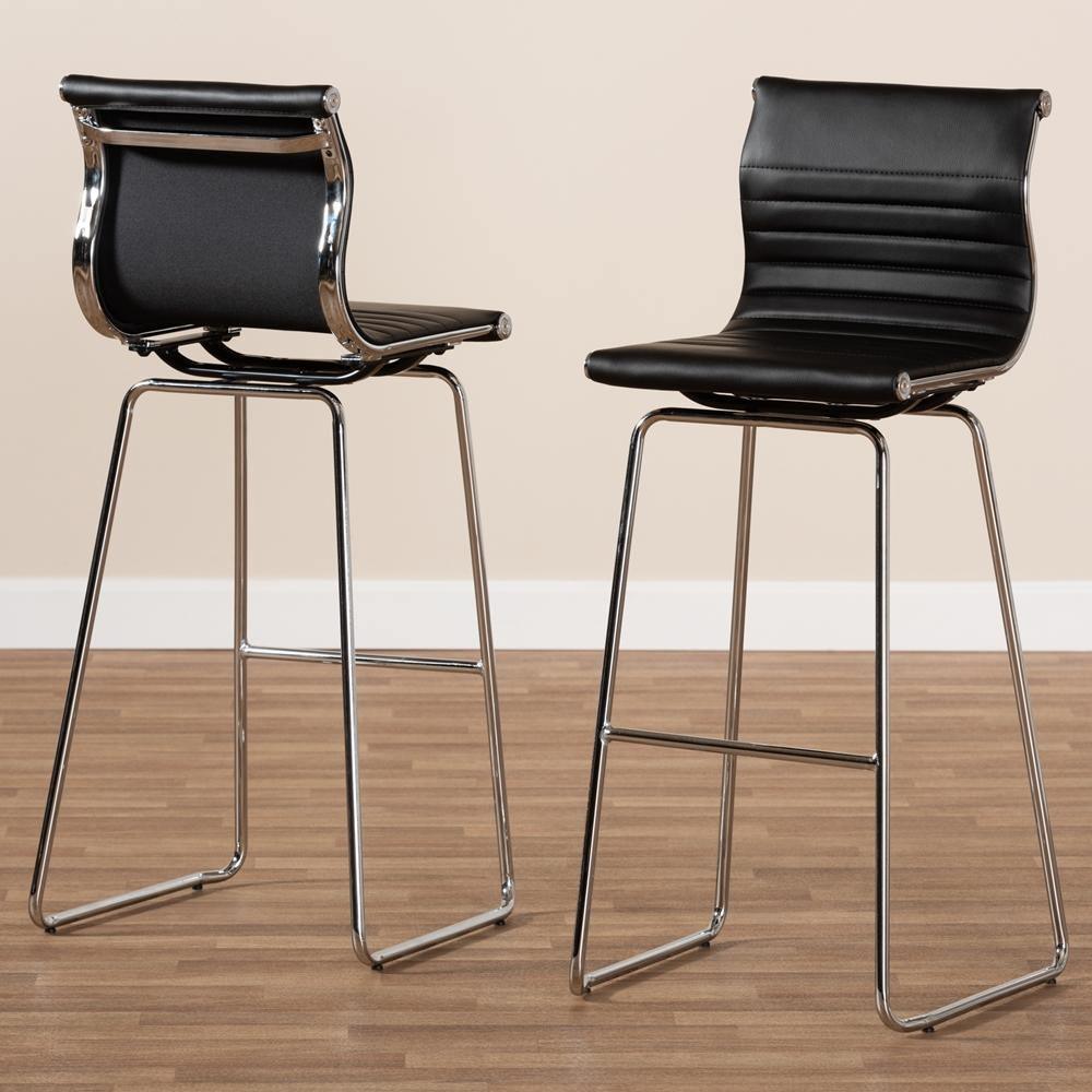 Giorgio Modern and Contemporary Black Faux Leather Upholstered Chrome-Finished Steel Counter Stools Set of 2 FredCo