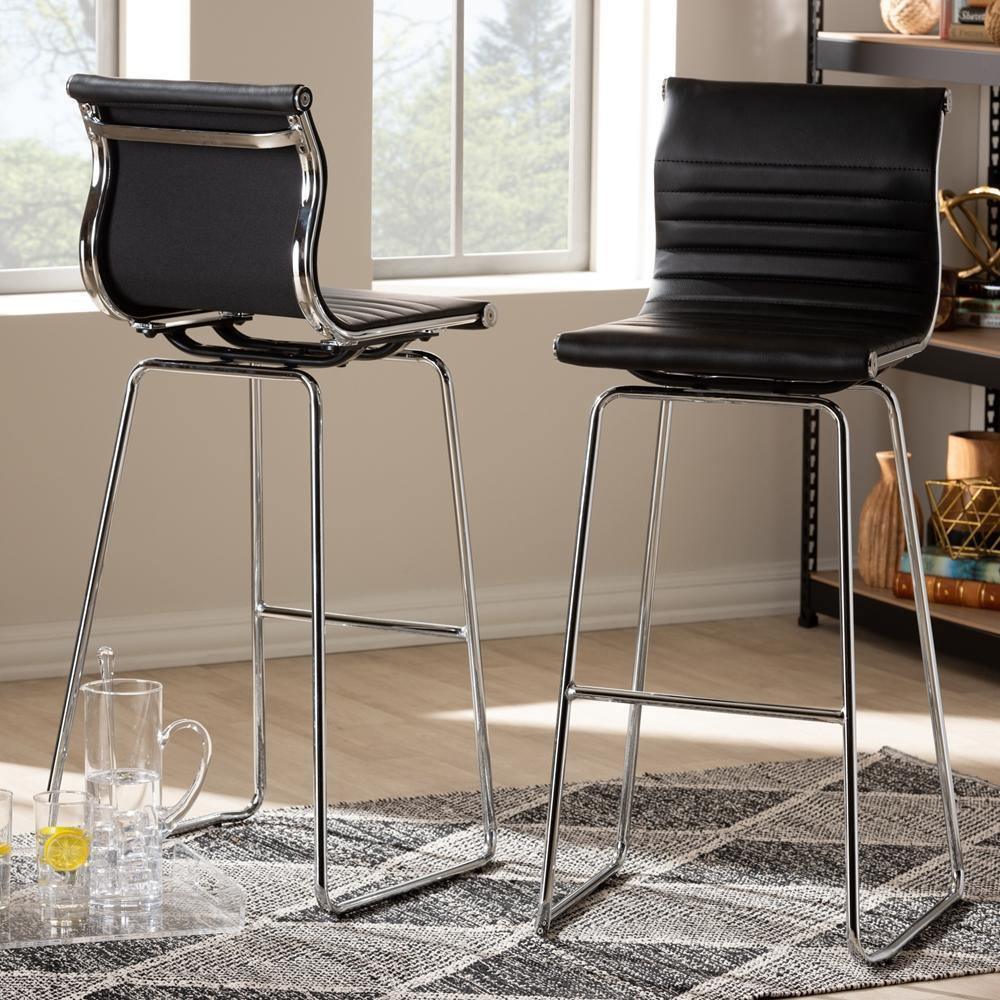 Giorgio Modern and Contemporary Black Faux Leather Upholstered Chrome-Finished Steel Counter Stools Set of 2 FredCo