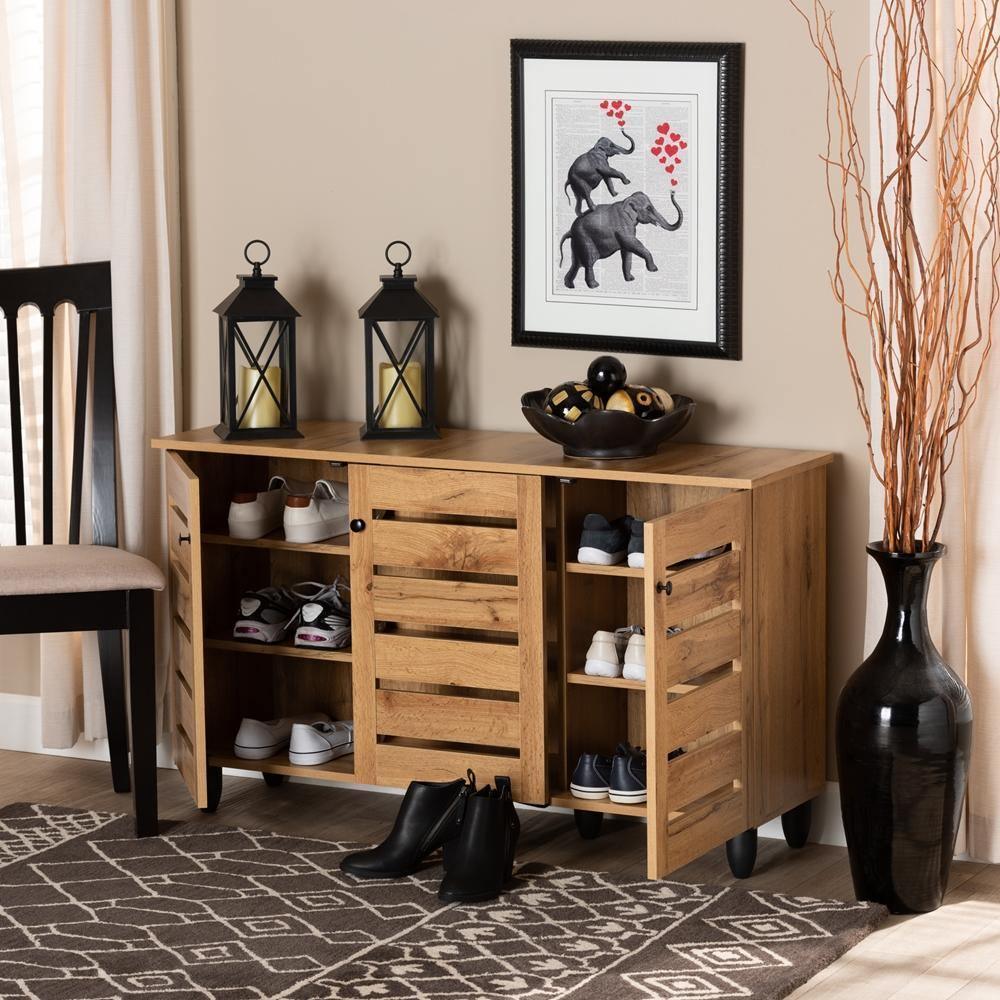Gisela Modern and Contemporary Oak Brown Finished Wood 3-Door Shoe Storage Cabinet FredCo