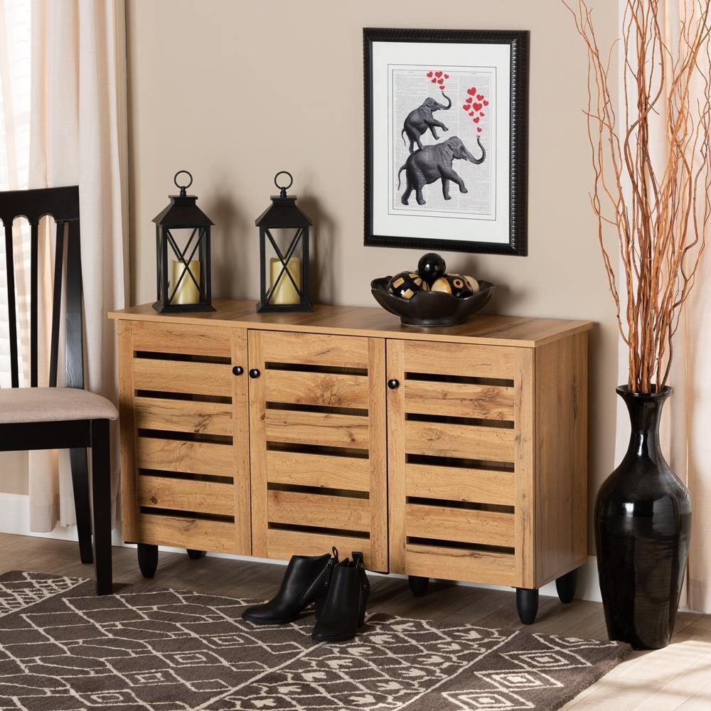Gisela Modern and Contemporary Oak Brown Finished Wood 3-Door Shoe Storage Cabinet FredCo