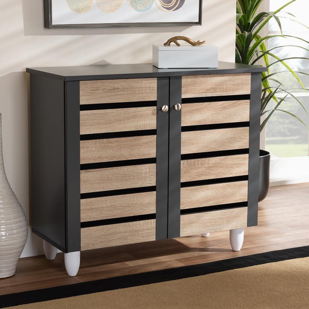 Gisela Modern and Contemporary Two-Tone Oak and Dark Gray 2-Door Shoe Storage Cabinet FredCo
