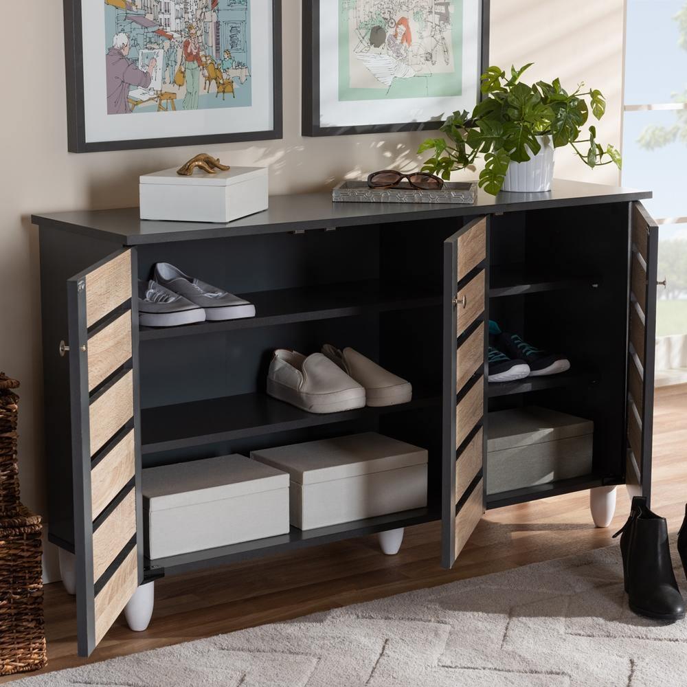 Gisela Modern and Contemporary Two-Tone Oak and Dark Gray 3-Door Shoe Storage Cabinet FredCo