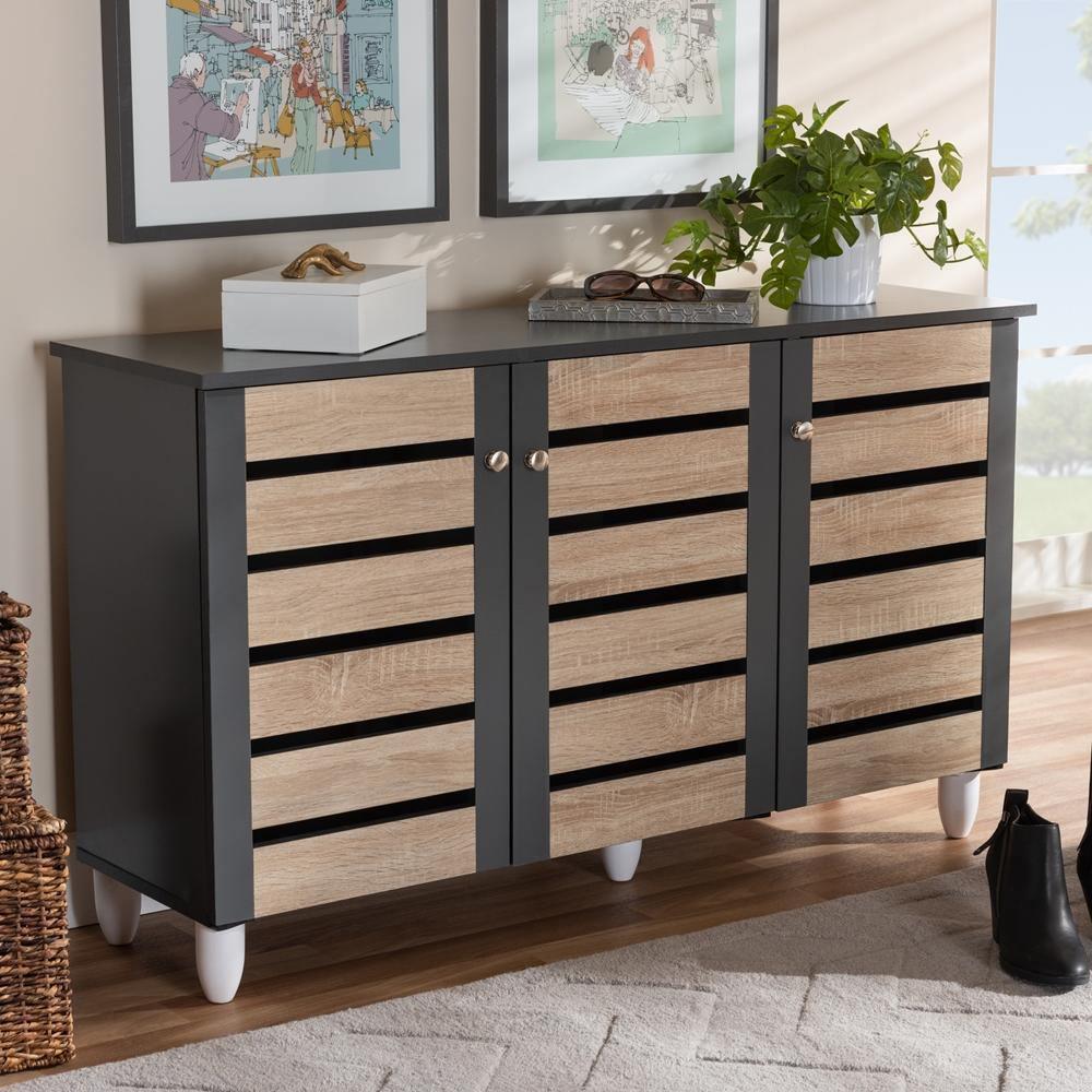 Gisela Modern and Contemporary Two-Tone Oak and Dark Gray 3-Door Shoe Storage Cabinet FredCo