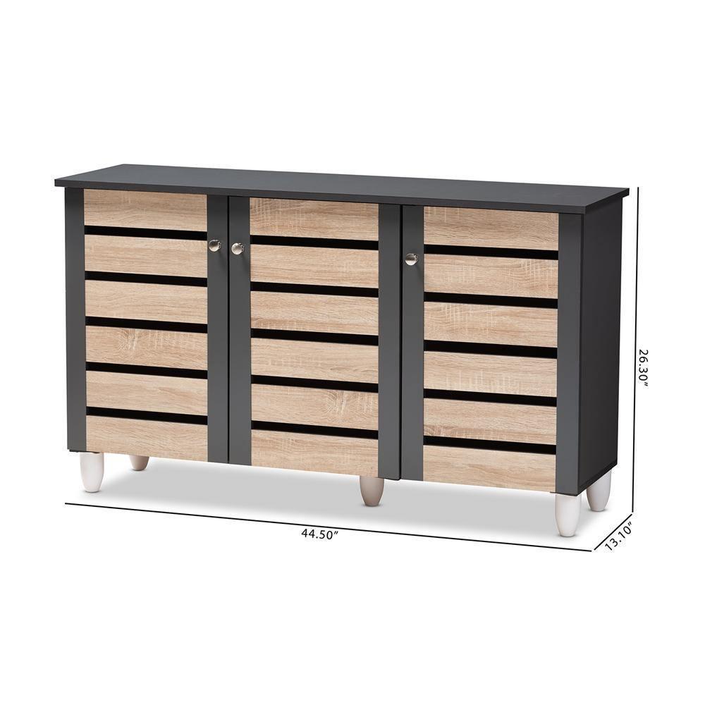 Gisela Modern and Contemporary Two-Tone Oak and Dark Gray 3-Door Shoe Storage Cabinet FredCo